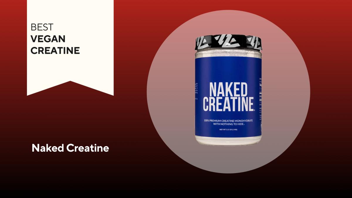A blue container of Naked Creatine against a red background.